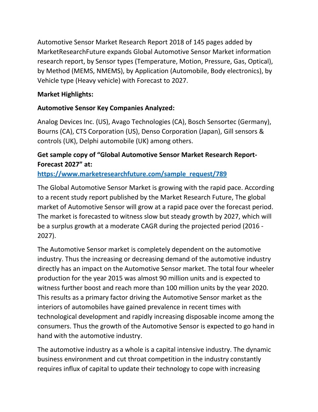 automotive sensor market research report 2018