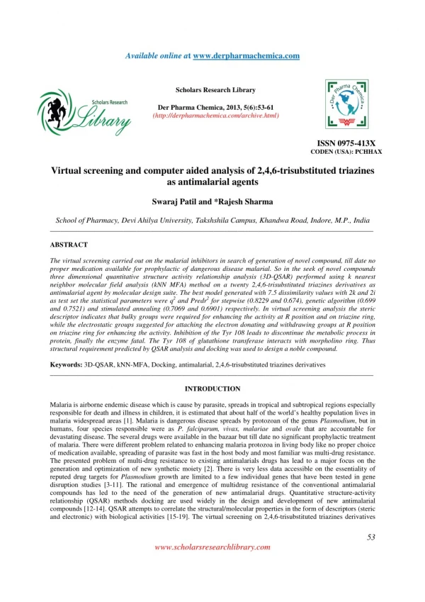 Virtual screening and computer aided analysis of 2,4,6-trisubstituted triazines as antimalarial agents