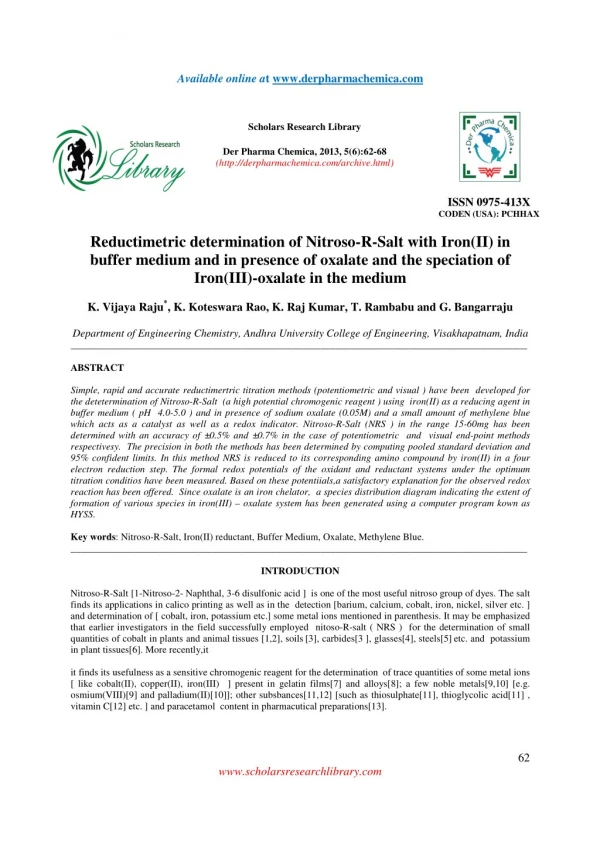 Reductimetric determination of Nitroso-R-Salt with Iron(II) in buffer medium and in presence of oxalate and the speciati