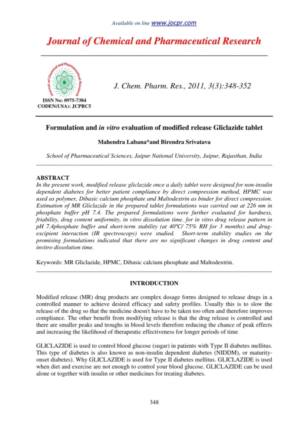 Formulation and in vitro evaluation of modified release Gliclazide tablet