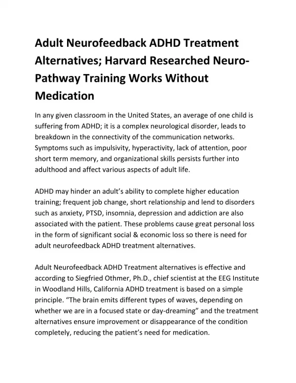 Adult Neurofeedback ADHD Treatment Alternatives; Harvard Researched Neuro-Pathway Training Works Without Medication