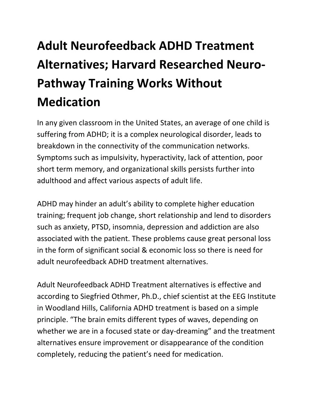 adult neurofeedback adhd treatment alternatives