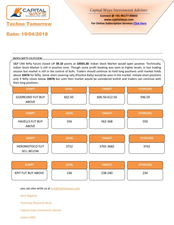 CAPITAL WAYS TECHNICAL REPORT 20th april 2018