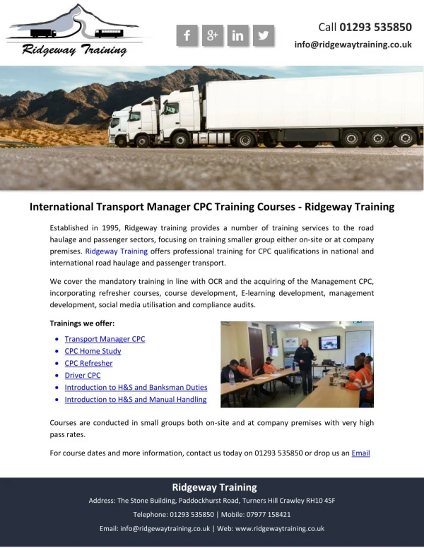 International Transport Manager CPC Training Courses - Ridgeway Training