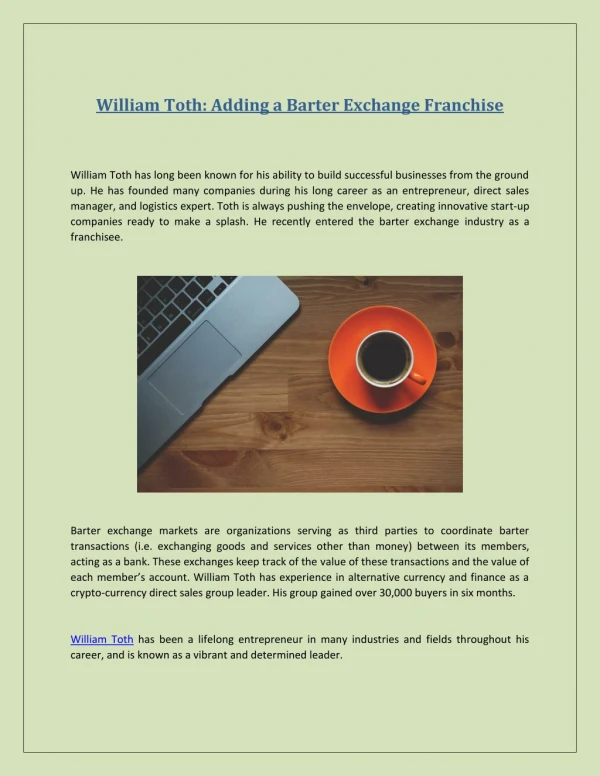 William Toth Adding a Barter Exchange Franchise