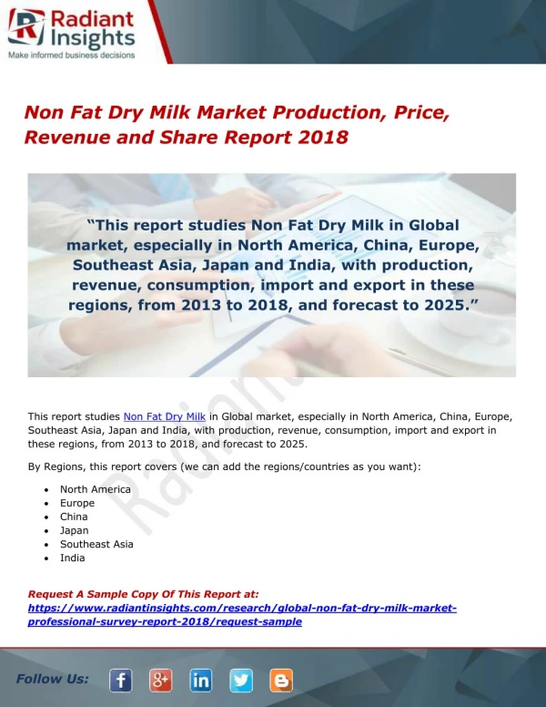 Non fat dry milk market production, price, revenue and share report 2018