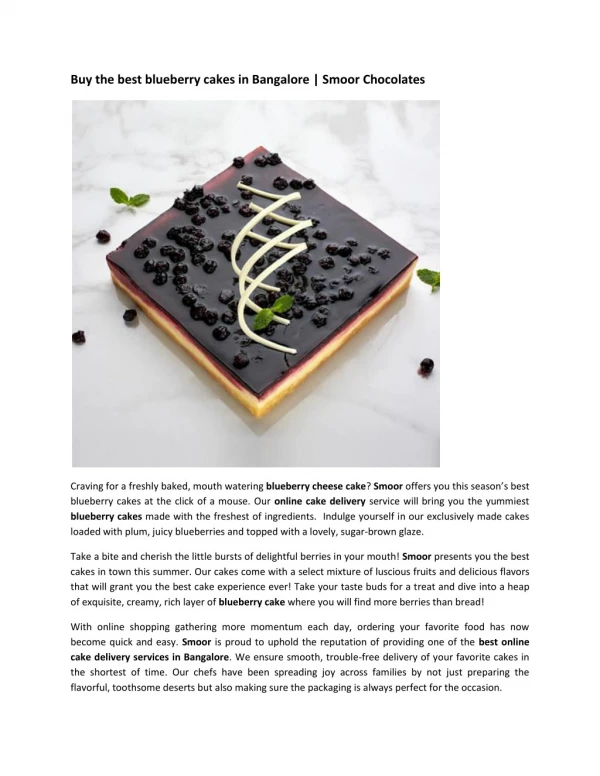 Birthday and Wedding Cakes online bangalore | Buy Blueberry Cheese Cake Online | Smoor Chocolates