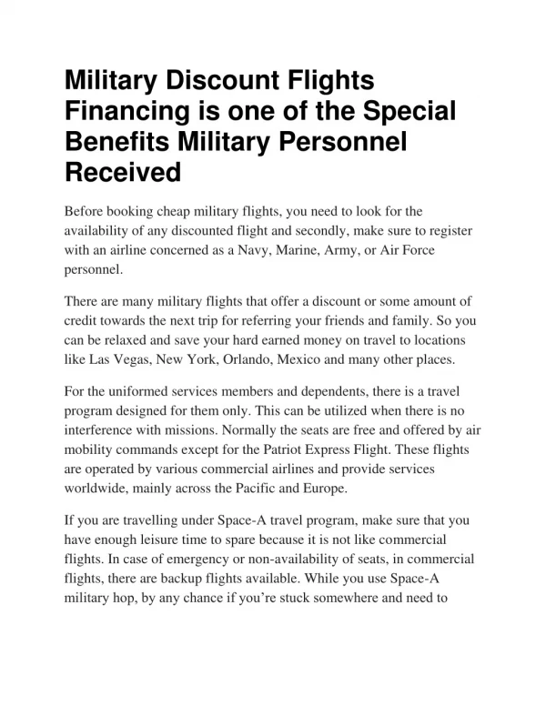 Military Discount Flights Financing is one of the Special Benefits Military Personnel Received