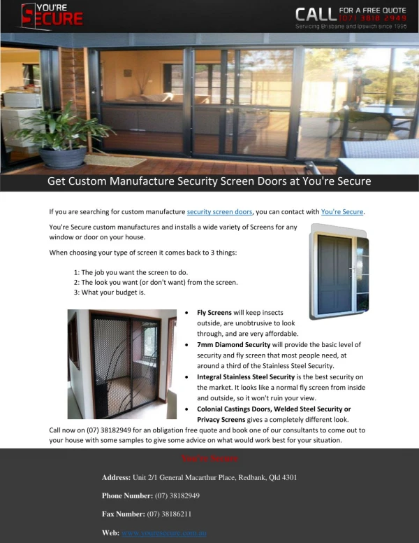 Get Custom Manufacture Security Screen Doors at You're Secure