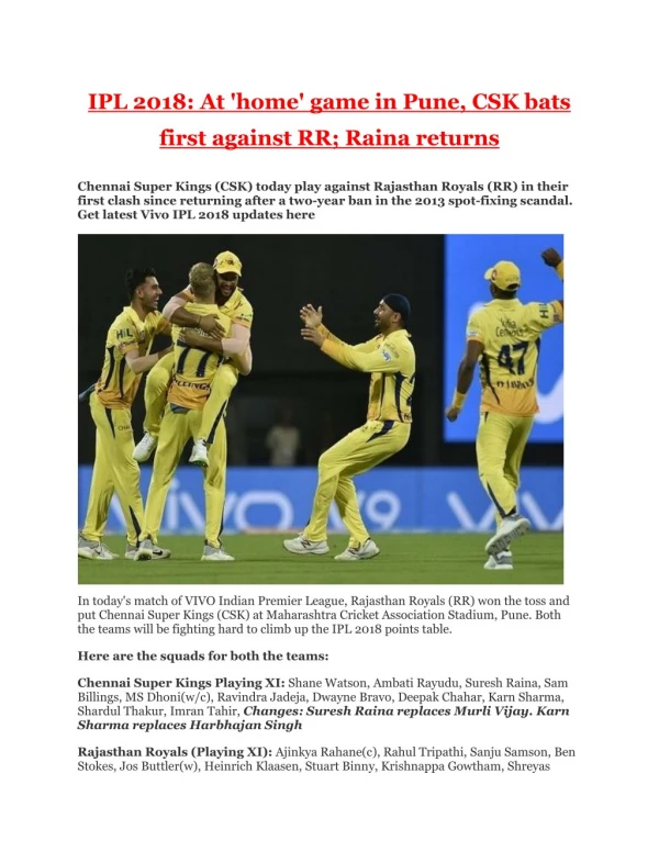 Ipl 2018 at 'home' game in pune, csk bats first against rr; raina returns