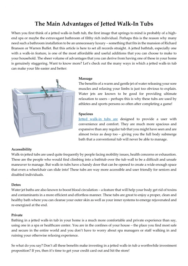 The Main Advantages of Jetted Walk-In Tubs