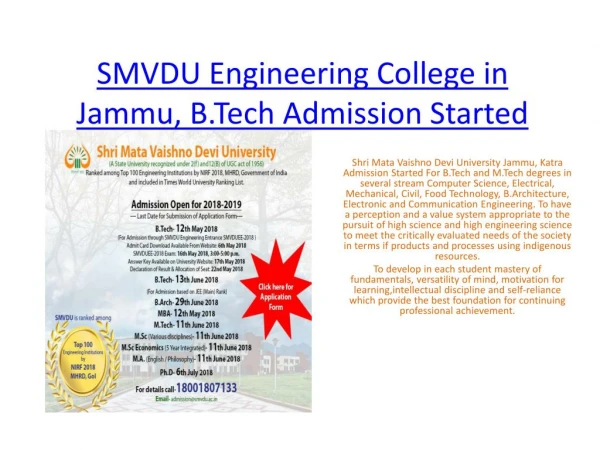 SMVDU Engineering College in Jammu. B.Tech Admission Started