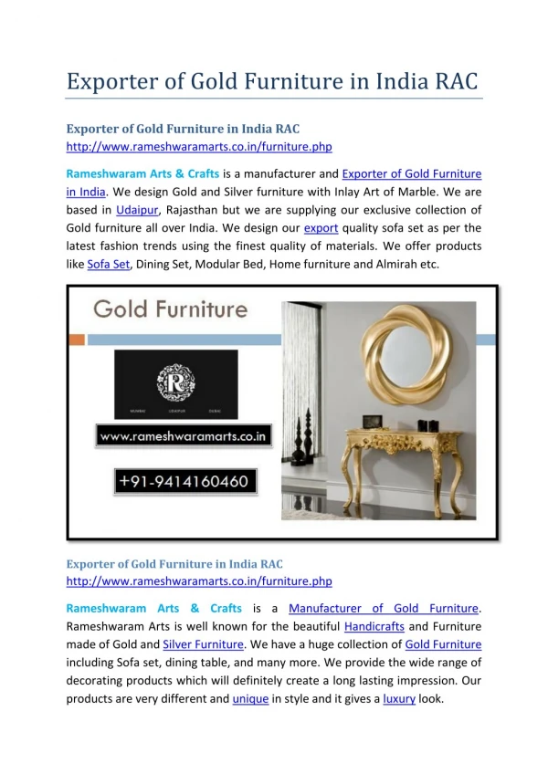 Exporter of Gold Furniture in India RAC