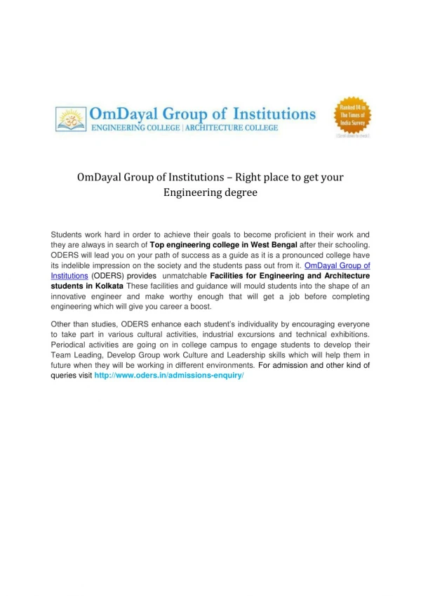 OmDayal Group of Institutions – Right place to get your Engineering degree