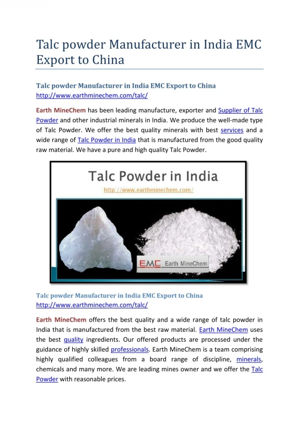 Talc powder Manufacturer in India EMC Export to China