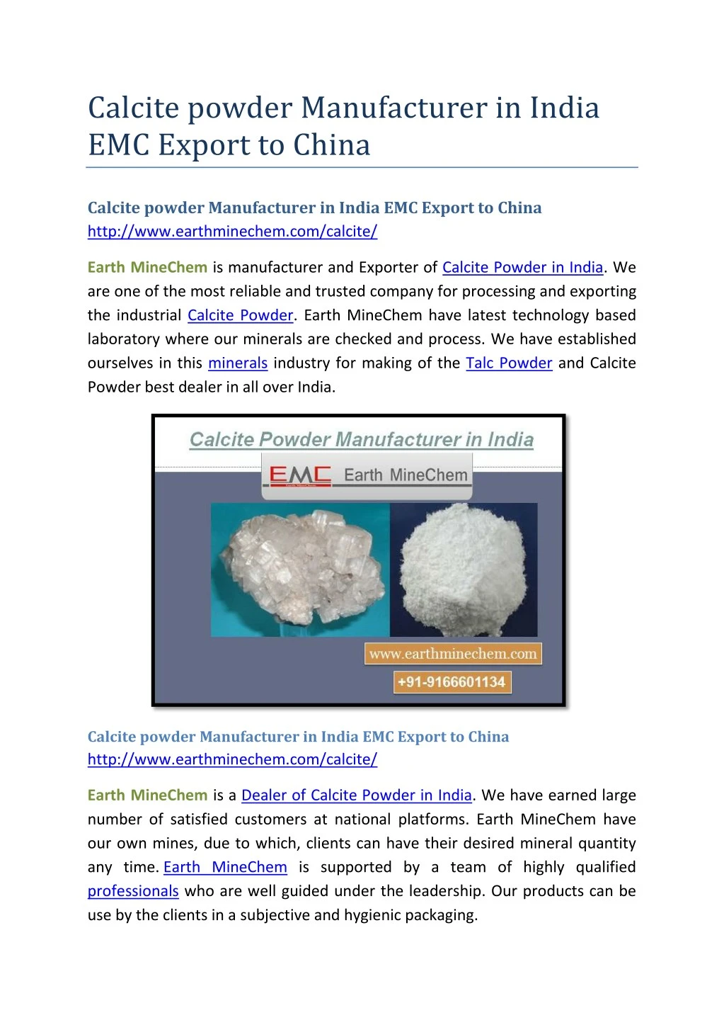 calcite powder manufacturer in india emc export
