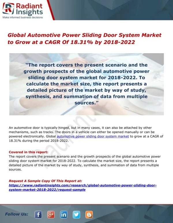 Global automotive power sliding door system market to grow at a cagr of 18.31% by 2018 2022