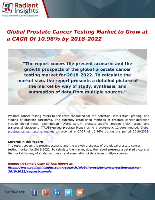 Global prostate cancer testing market to grow at a cagr of 10.96% by 2018 2022