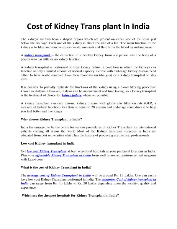 What is the Cost of kidney transplant in India
