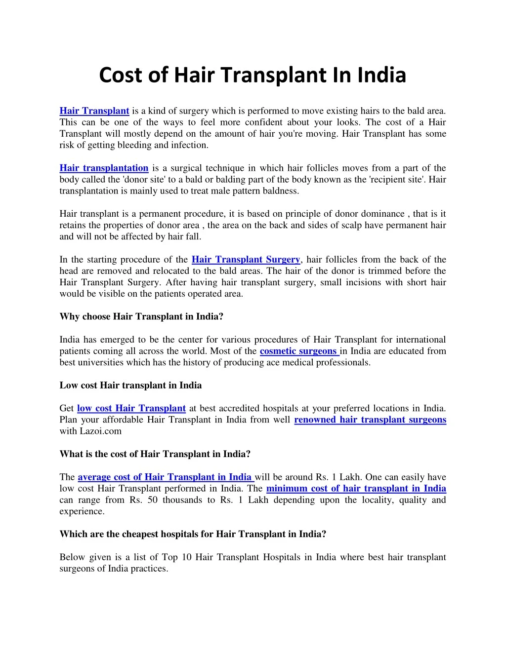 cost of hair transplant in india