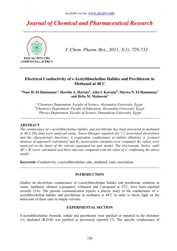 Electrical Conductivity of s-Acetylthiocholine Halides and Perchlorate in Methanol at 40°C