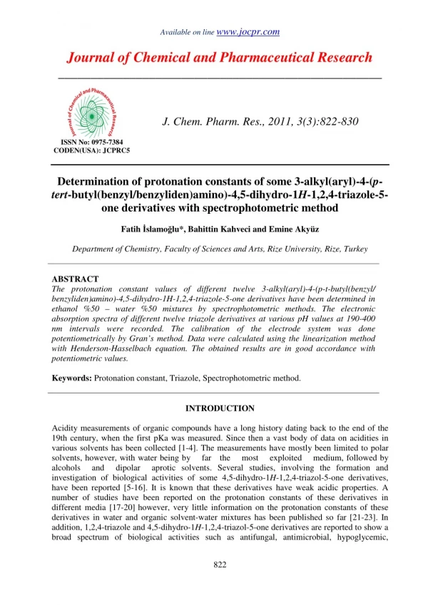 Determination of protonation constants of some 3-alkyl(aryl)-4-(ptert-butyl(benzyl/benzyliden)amino)-4,5-dihydro-1H-1,2,