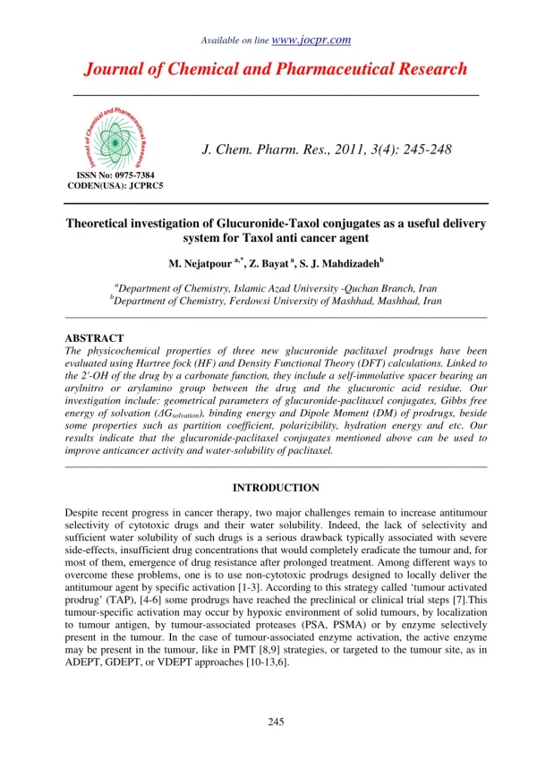 Theoretical investigation of Glucuronide-Taxol conjugates as a useful delivery system for Taxol anti cancer agent