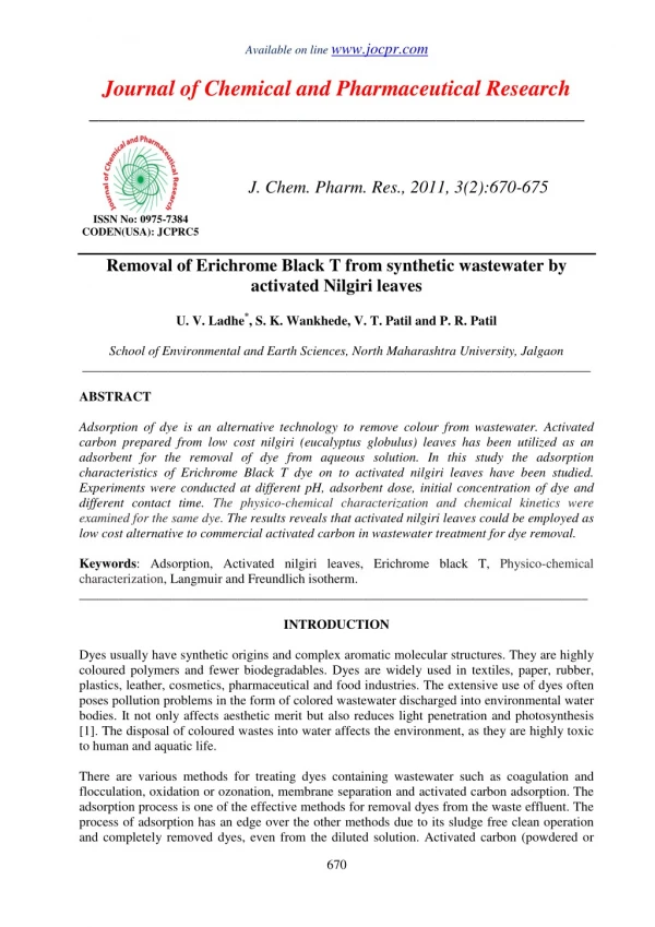 Removal of Erichrome Black T from synthetic wastewater by activated Nilgiri leaves