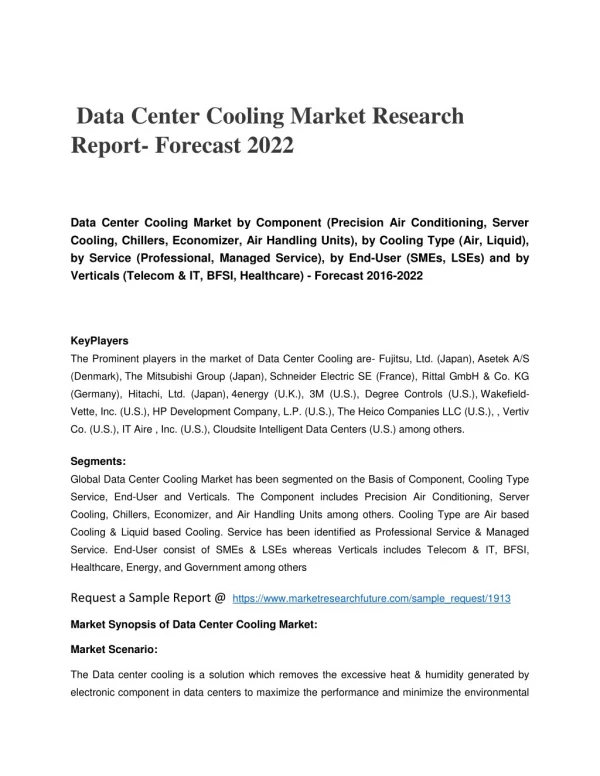 Data Center Cooling Market Research Report- Forecast 2022