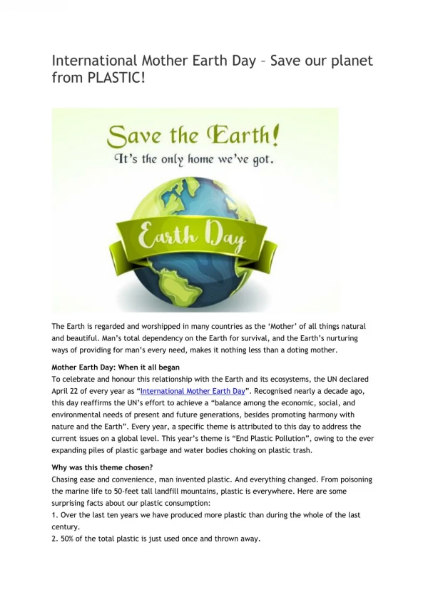 International Mother Earth Day – Save our planet from PLASTIC!