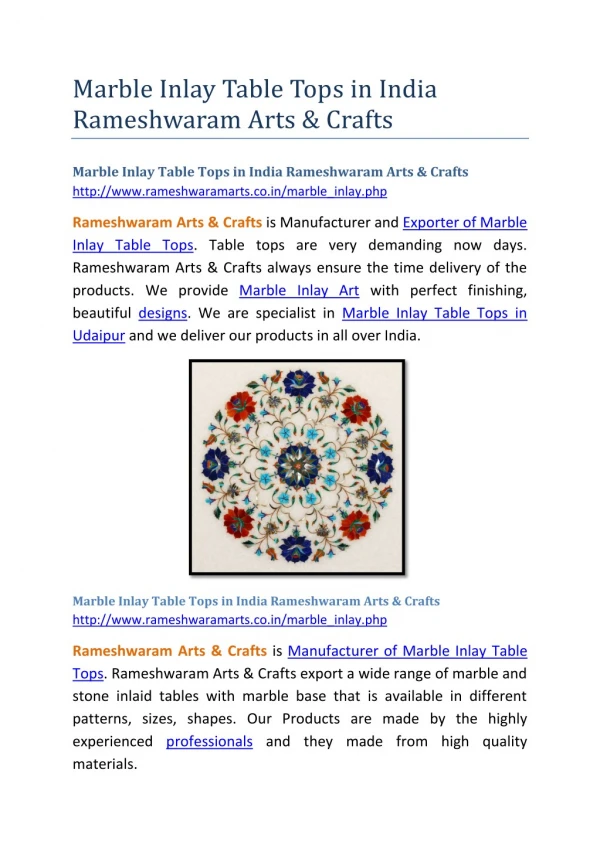 Marble Inlay Table Tops in India Rameshwaram Arts & Crafts