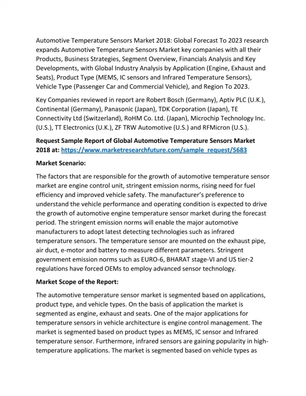 Automotive Temperature Sensors Industry Global Market Outlook To 2023