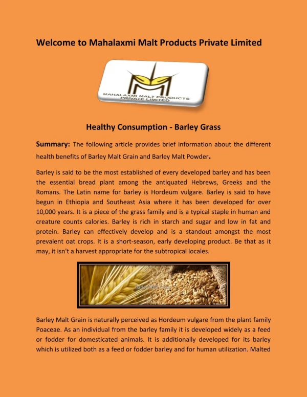 Barley Malt Grain, Malt Extract Powder - Mahalaxmi Malt Products Private Limited