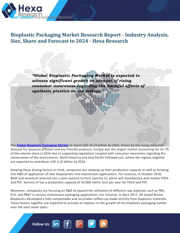 Bioplastic Packaging Industry Research Report - Market Analysis and Forecast to 2024