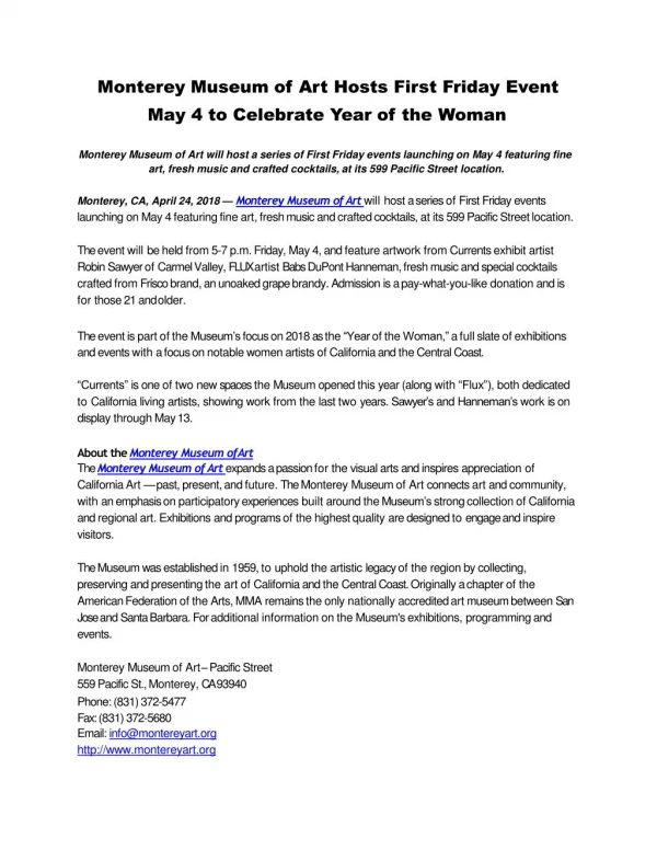 Monterey Museum of Art Hosts First Friday Event May 4 to Celebrate Year of the Woman