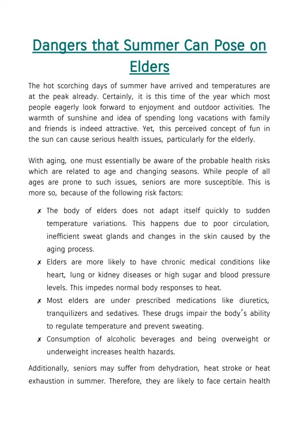Dangers That Summer Can Pose on Elders