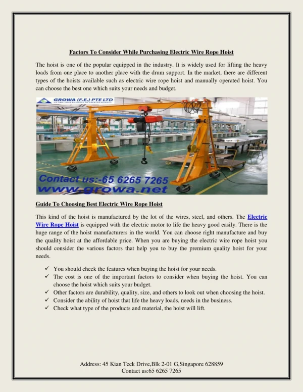 Factors To Consider While Purchasing Electric Wire Rope Hoist