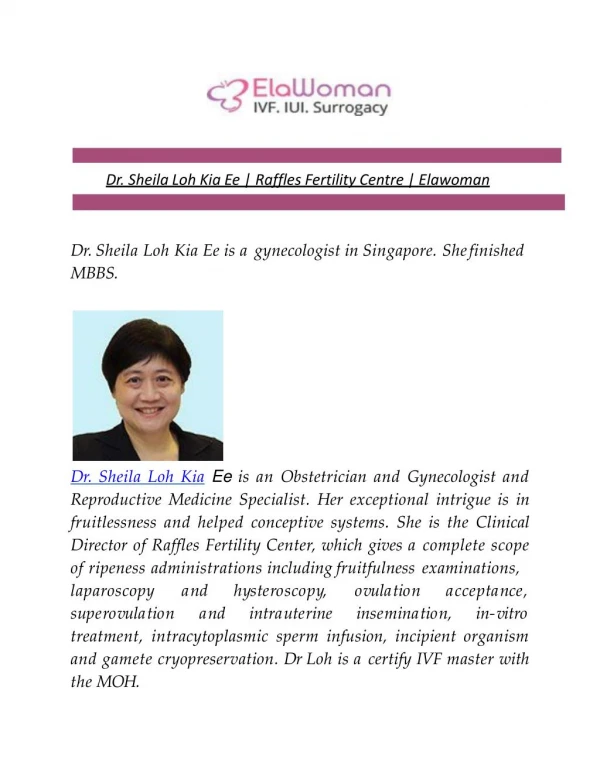 Dr. Sheila Loh Kia Ee | Raffles Fertility Centre | Elawoman