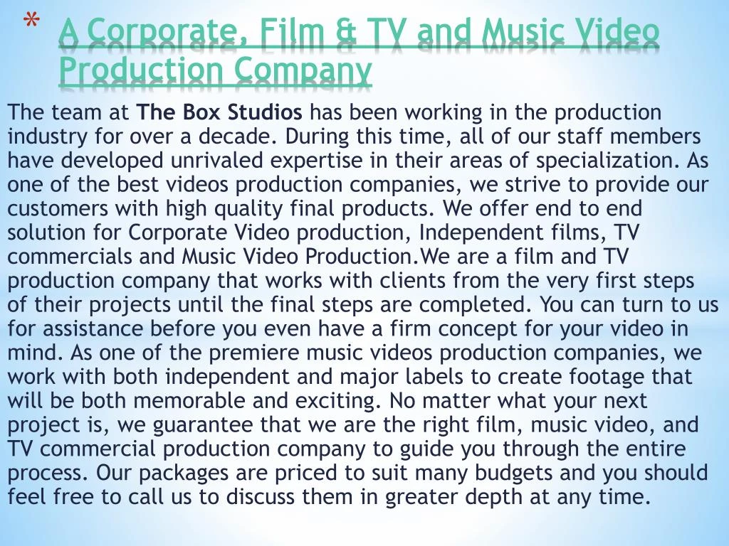 a corporate film tv and music video production company