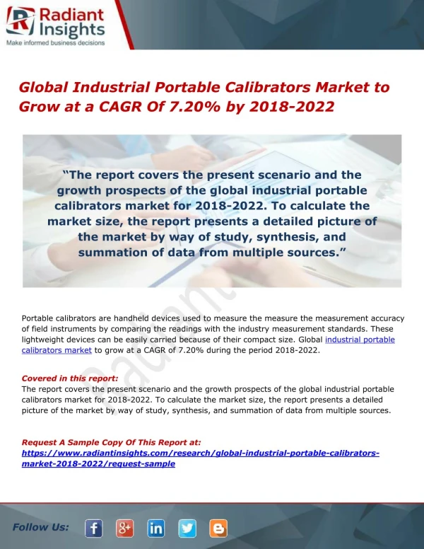 Global Industrial Portable Calibrators Market to Grow at a CAGR Of 7.20% by 2018-2022