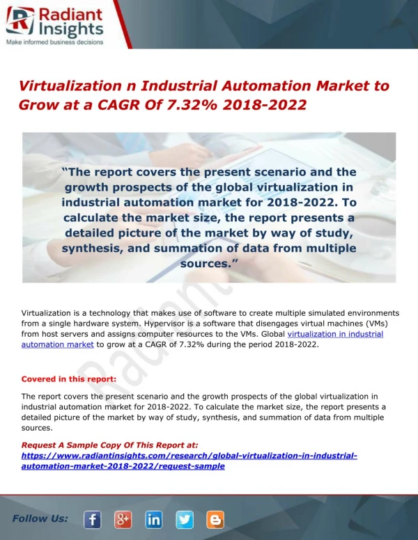Virtualization n Industrial Automation Market to Grow at a CAGR Of 7.32% 2018-2022