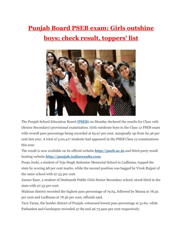 Punjab Board PSEB exam: Girls outshine boys; check result, toppers' list
