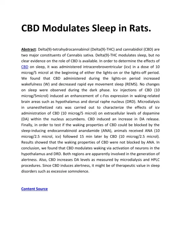 CBD Modulates Sleep in Rats
