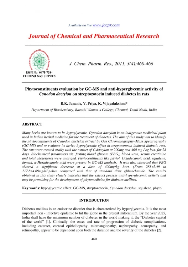 Phytoconstituents evaluation by GC-MS and anti-hyperglycemic activity of Cynodon dactylon on streptozotocin induced diab