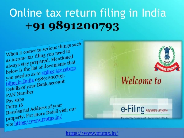 Documents Needed for Online tax return filing in India 09891200793
