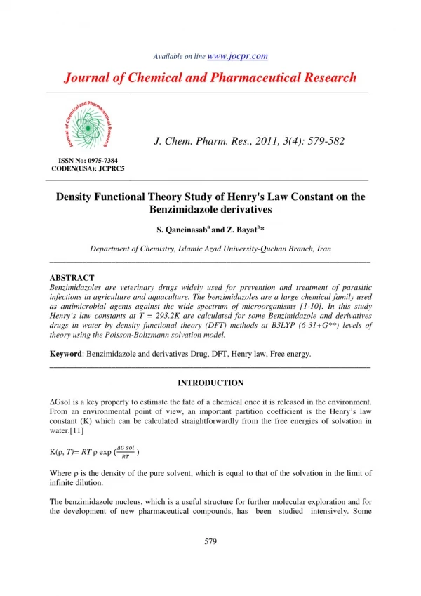 Density Functional Theory Study of Henry's Law Constant on the Benzimidazole derivatives