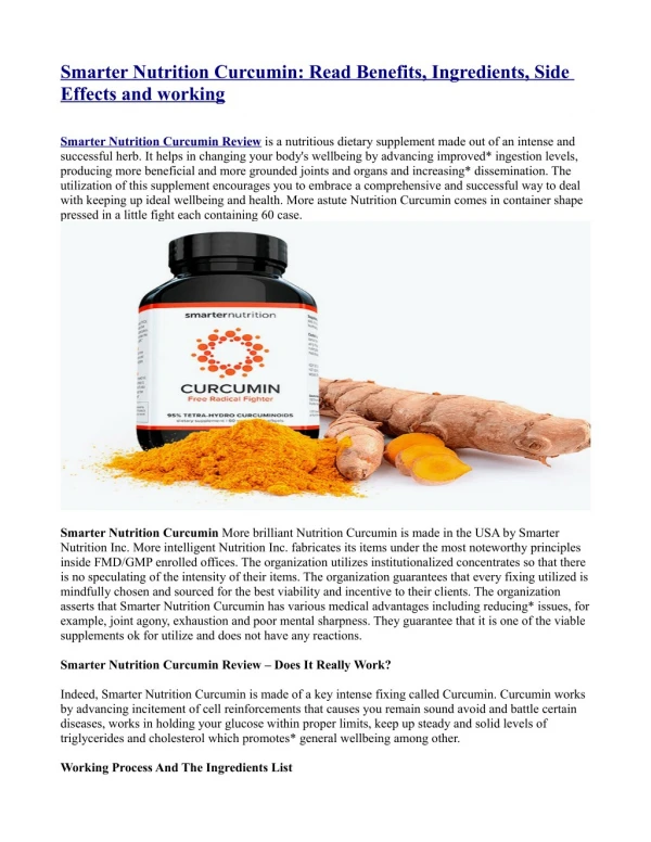 Smarter Nutrition Curcumin: Read Benefits, Ingredients, Side Effects and working