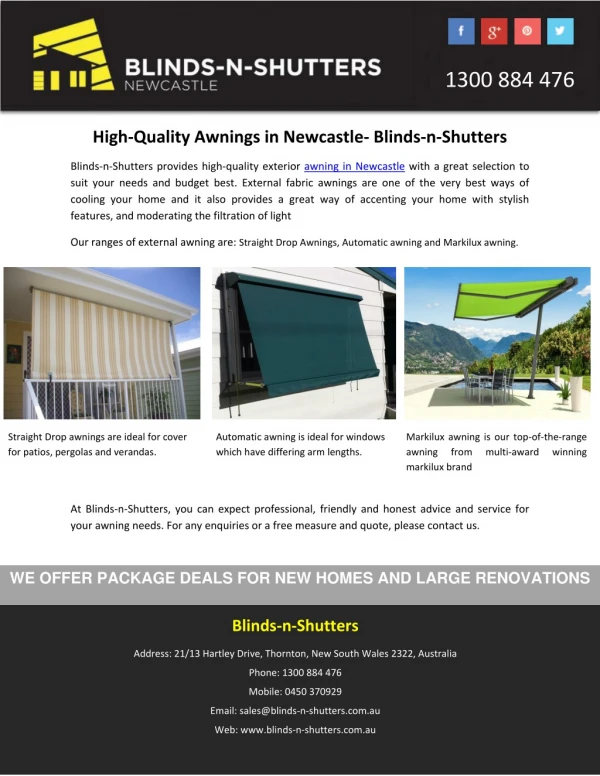 High-Quality Awnings in Newcastle- Blinds-n-Shutters