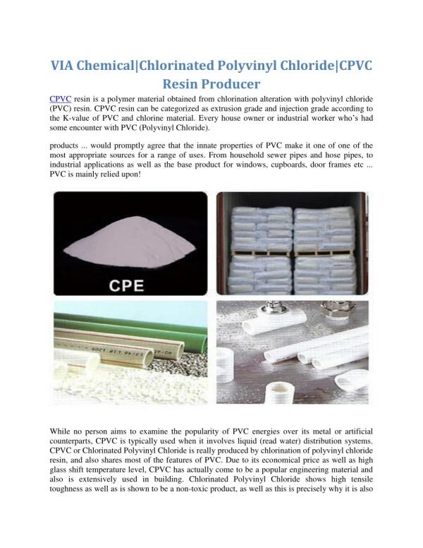 CPE, HCPE, CPVC Resin Raw Material Manufacture | Via Chemical