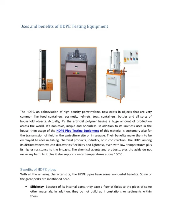 Uses and benefits of HDPE Testing Equipment